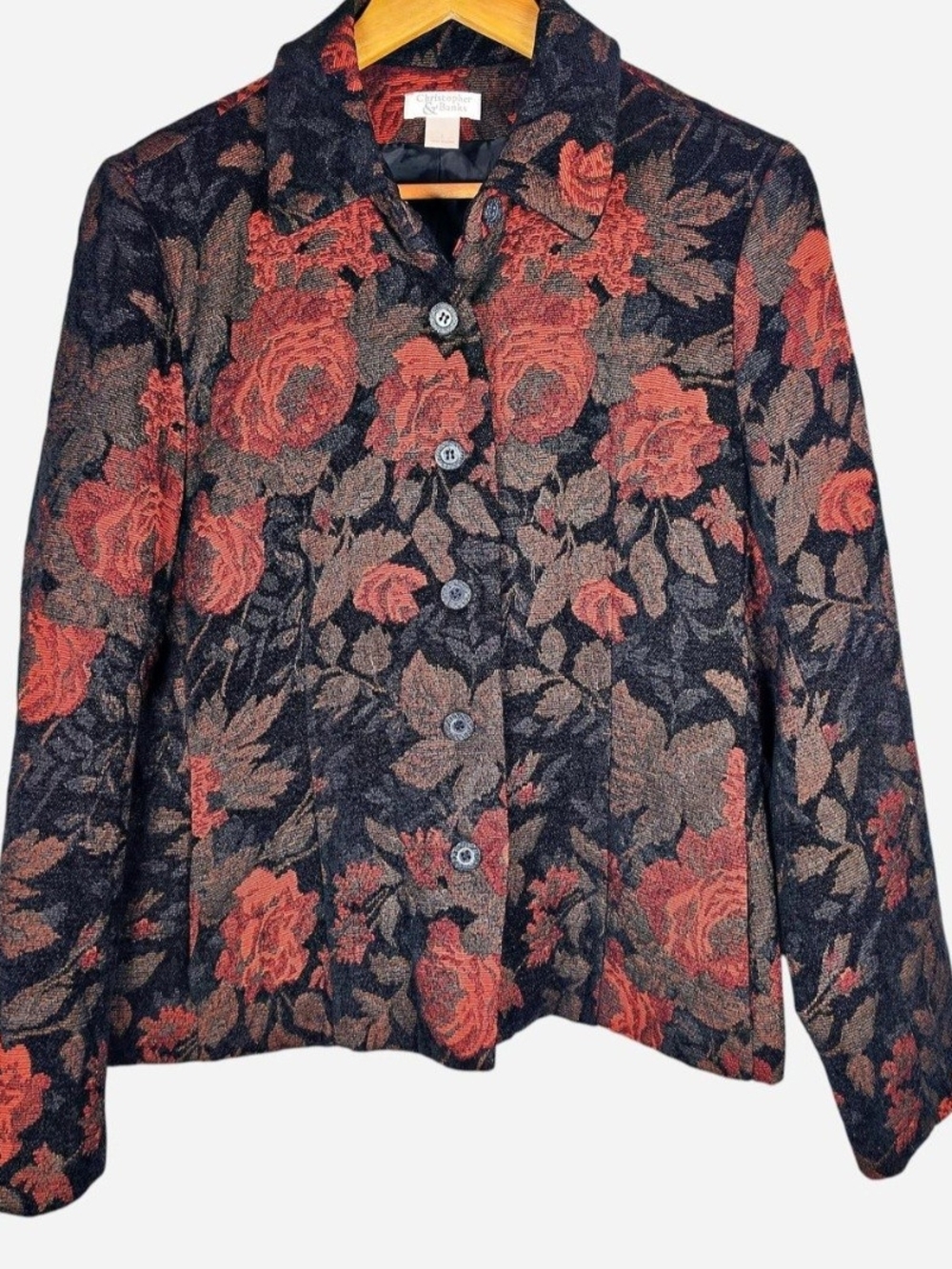 Floral Tapestry Blazer Jacket Vintage Boho Whimsigoth Rose Pattern Womens Large